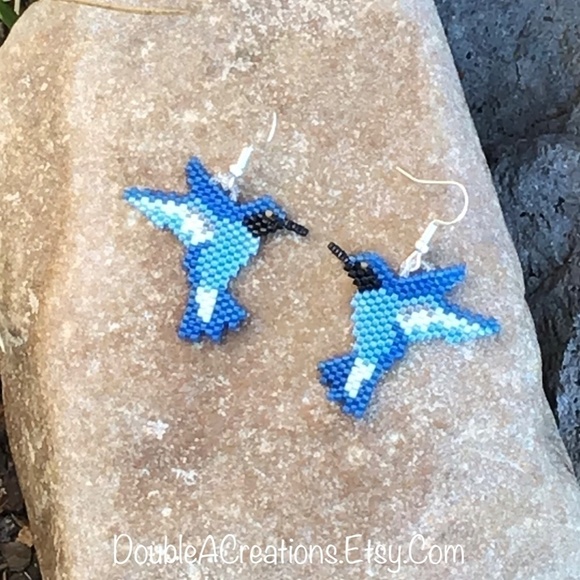 Blue Hummingbird Beaded Earrings, New, Handmade by Me - Picture 4 of 7